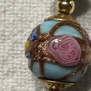 Vintage Murano Glass Beaded Necklace with Blue, Pink, and Gold